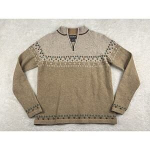 WOOLRICH Lambs Wool Sweater Women's Sz XL Camel 1/4 Zip Nordic Fair Isle 9542